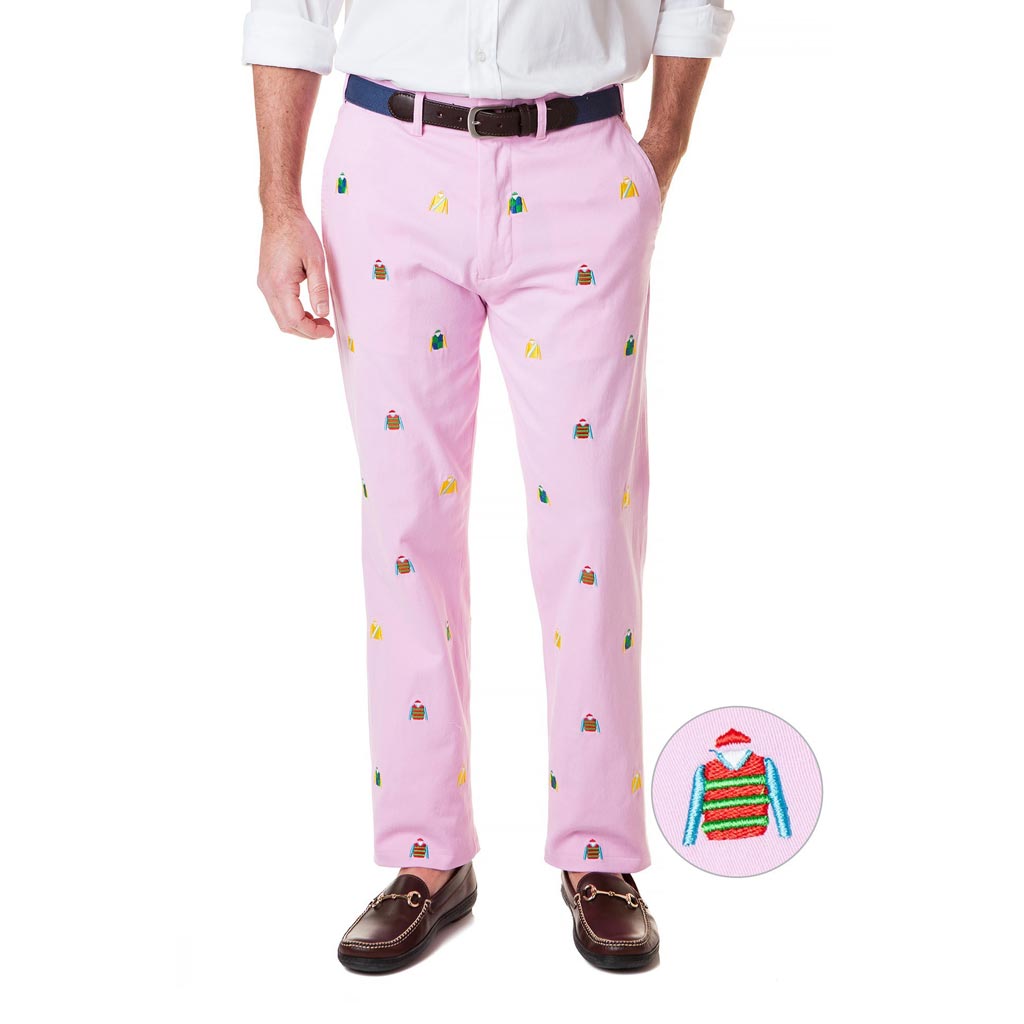 Stretch Twill Harbor Pant with Embroidered Jockey Silks in Pink by Castaway Clothing - Country Club Prep