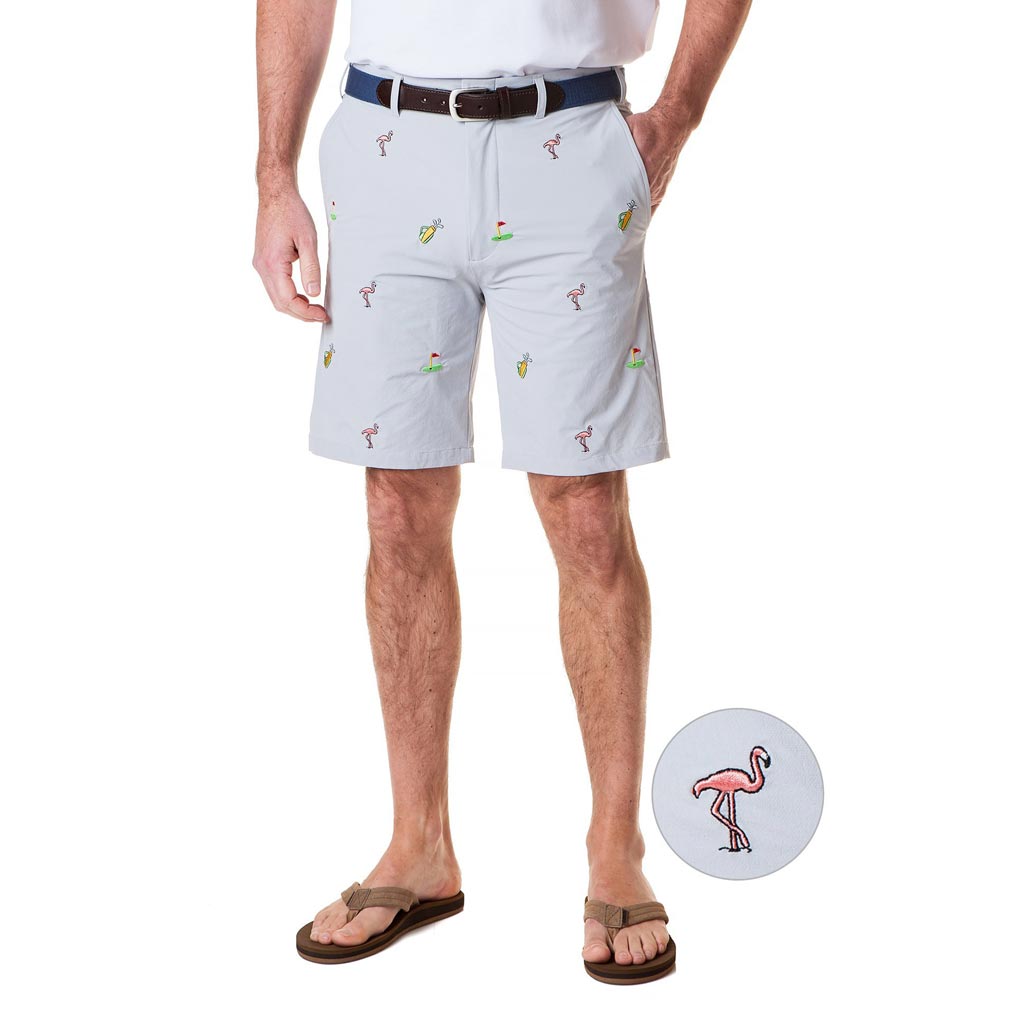 ACKformance Short with Flamingo & Golf Bags in Cement Grey by Castaway Clothing - Country Club Prep