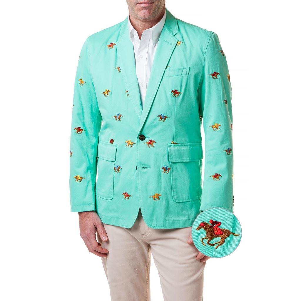 Spinnaker Blazer with Racing Horses in Palm by Castaway Clothing - Country Club Prep