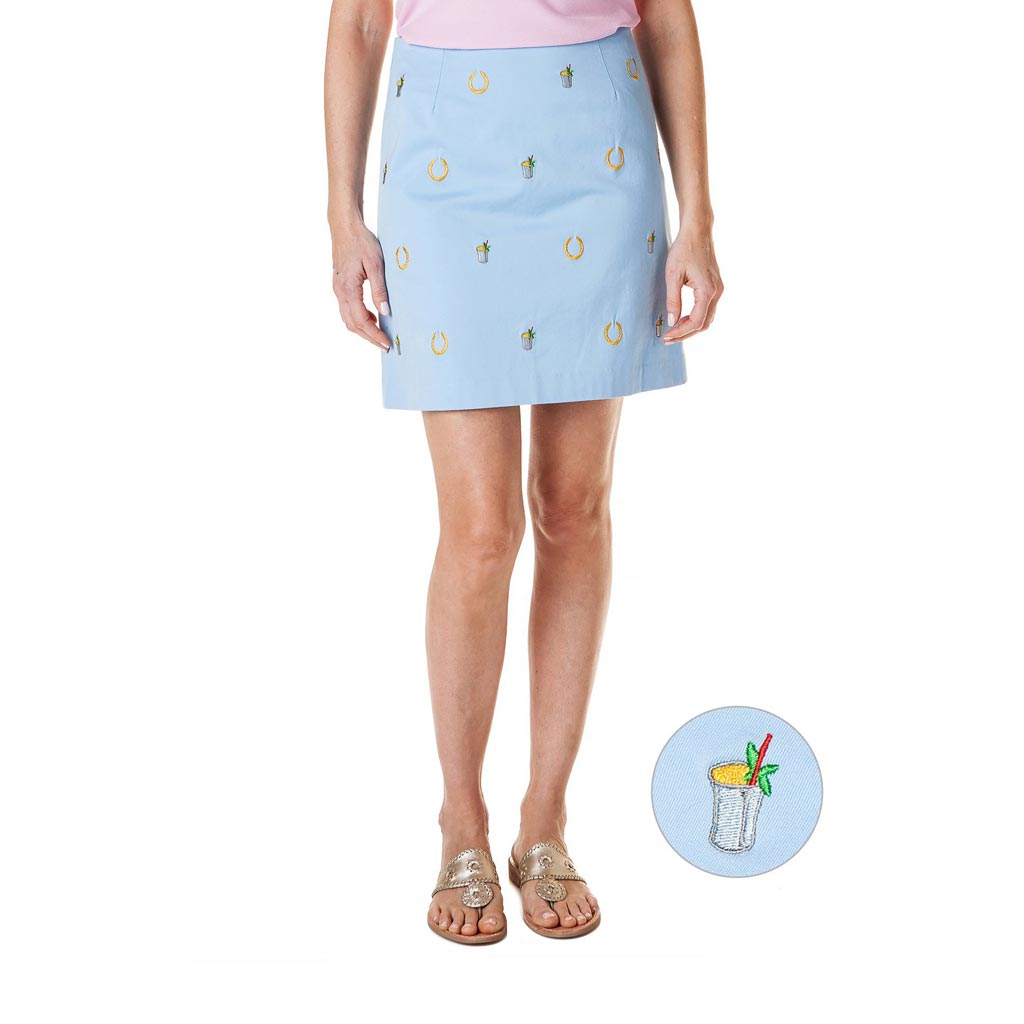 Stretch Twill Ali Skirt with Embroidered Lucky Mint Juleps in Liberty Blue by Castaway Clothing - Country Club Prep