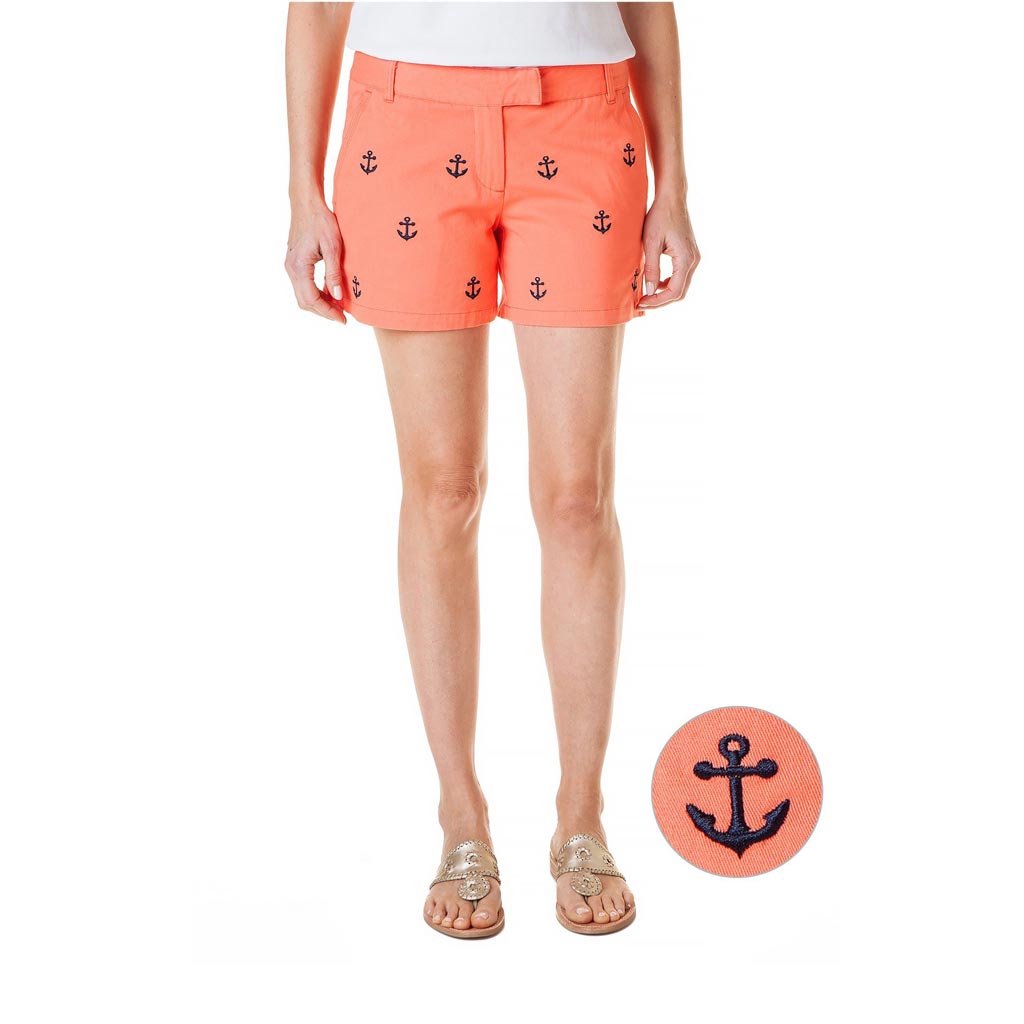 Stretch Twill Sailing Short with Embroidered Anchor in Coral by Castaway Clothing - Country Club Prep