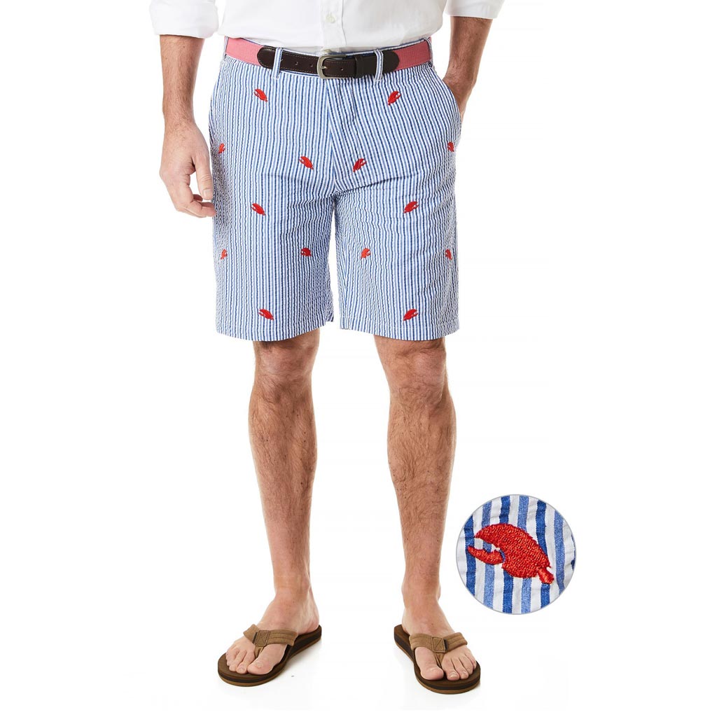 Cisco Short in Royal & Navy Seersucker with Embroidered Lobster Claws by Castaway Clothing - Country Club Prep