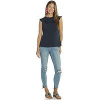 Poly Crepe Ruffle Neck Top in Navy by Sail to Sable - Country Club Prep