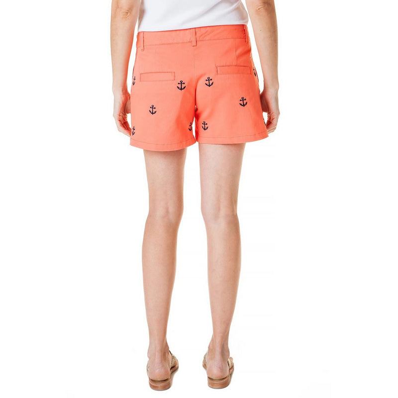 Stretch Twill Sailing Short with Embroidered Anchor in Coral by Castaway Clothing - Country Club Prep