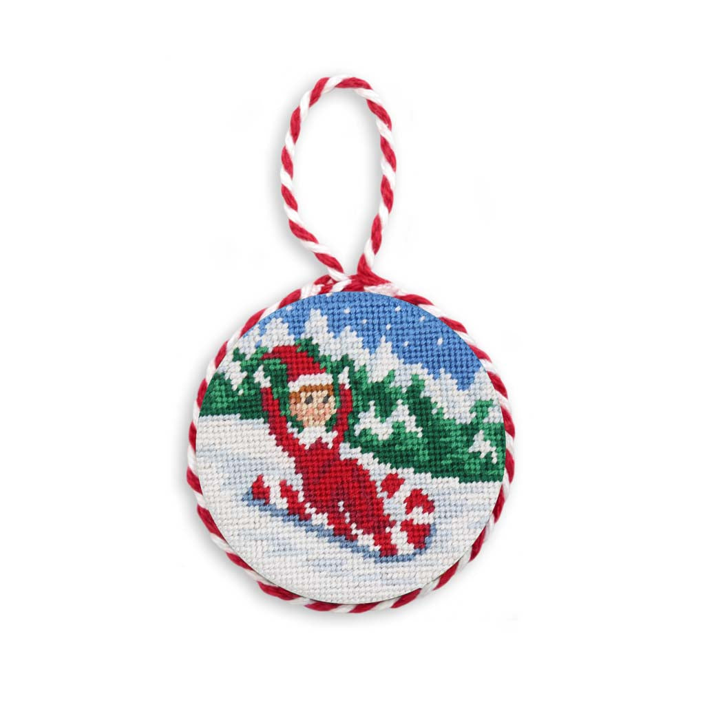 Sledding Elf Needlepoint Ornament