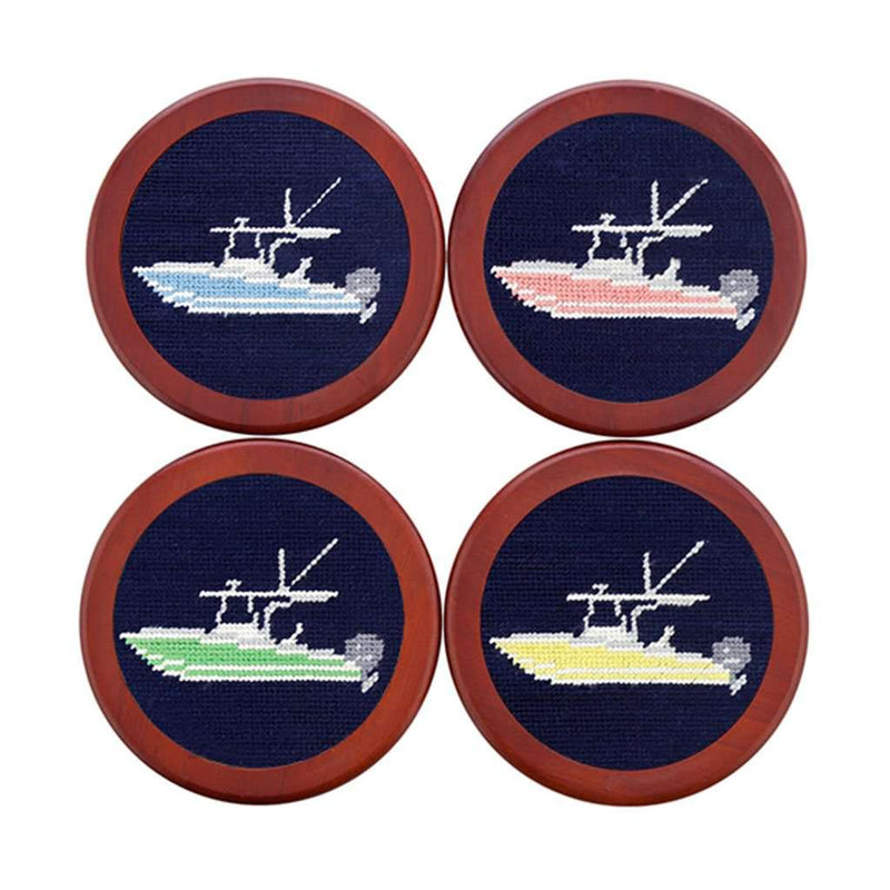 Power Boat Needlepoint Coasters in Dark Navy by Smathers & Branson - Country Club Prep