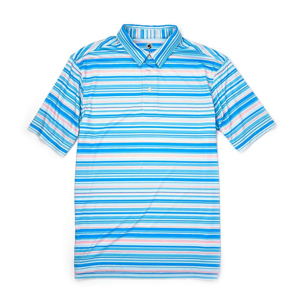 Performance Polo in Bay Blue Stripes by Southern Proper - Country Club Prep