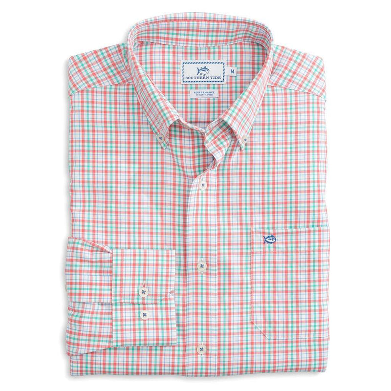 Surfsong Plaid Intercoastal Performance Shirt in Sunset Coral by Southern Tide - Country Club Prep