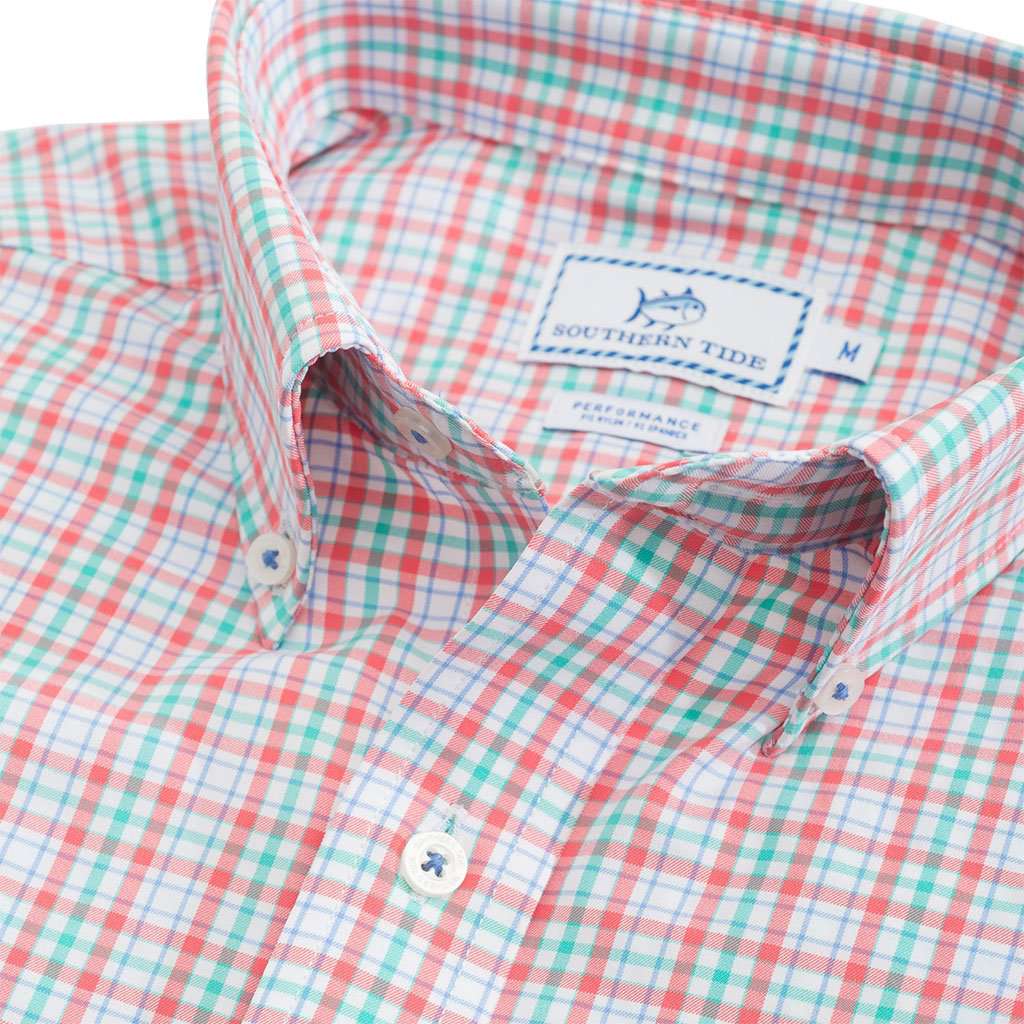 Surfsong Plaid Intercoastal Performance Shirt in Sunset Coral by Southern Tide - Country Club Prep