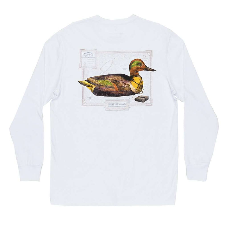 Long Sleeve Vintage Decoy Green Winged Teal Tee in White by Southern Marsh - Country Club Prep