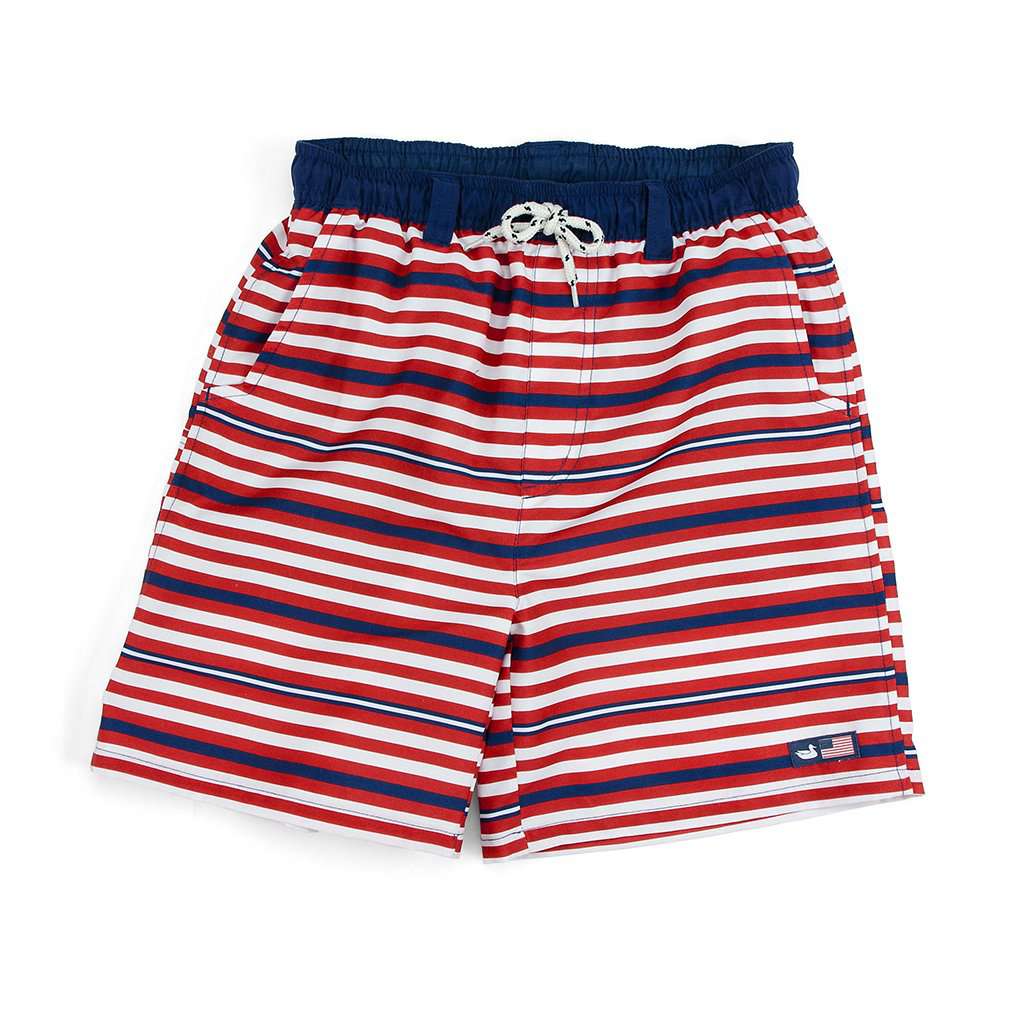Youth Dockside Swim Trunk in Red, White & Blue by Southern Marsh - Country Club Prep