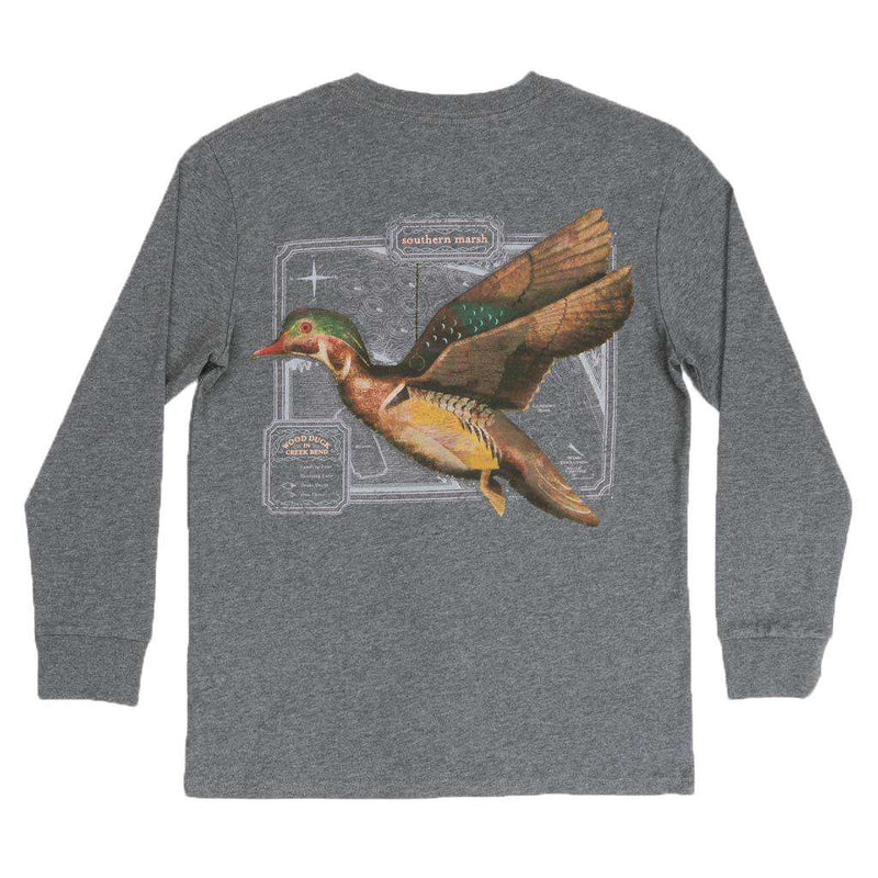 Youth Long Sleeve Vintage Decoy Wood Duck Tee in Midnight Gray by Southern Marsh - Country Club Prep