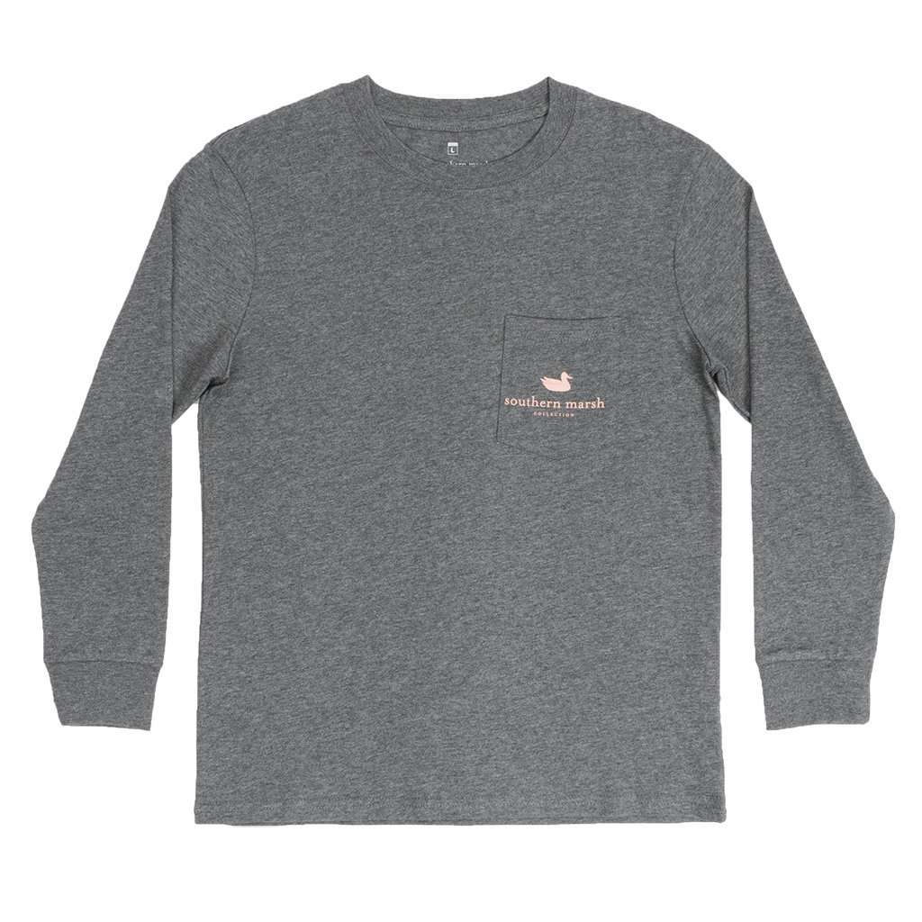 Youth Long Sleeve Vintage Decoy Wood Duck Tee in Midnight Gray by Southern Marsh - Country Club Prep