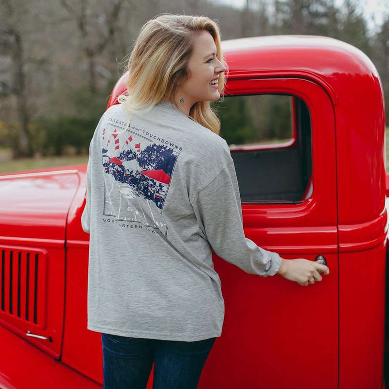 Tailgates and Touchdowns Long Sleeve Tee in Grey with Merlot by Southern Proper - Country Club Prep