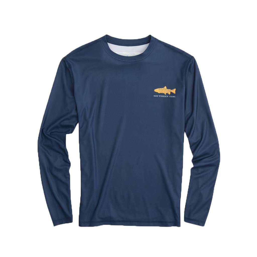 Southern Slam Series Brown Trout Long Sleeve Performance T-Shirt in Deep Sea by Southern Tide - Country Club Prep