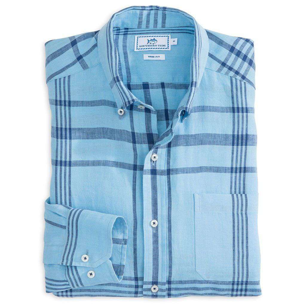 Coconut Creek Plaid Linen Sport Shirt in Sky Blue by Southern Tide - Country Club Prep