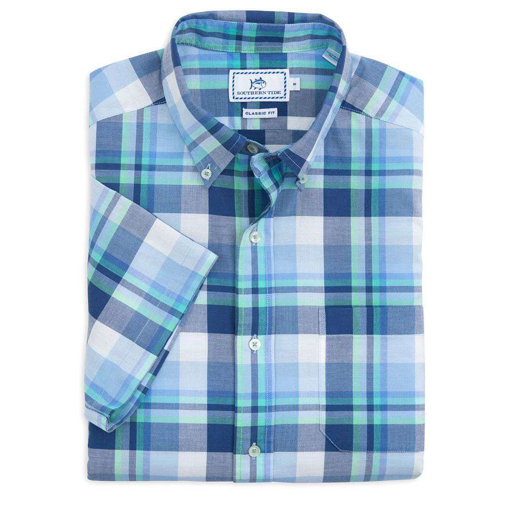 Crystal Shores Plaid Short Sleeve Sport Shirt in Seven Seas Blue by Southern Tide - Country Club Prep