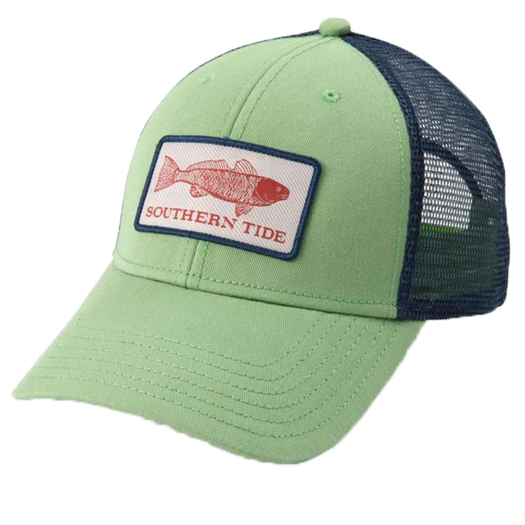 Fish Series Red Fish Patch Trucker Hat in Bay Leaf Green by Southern Tide - Country Club Prep