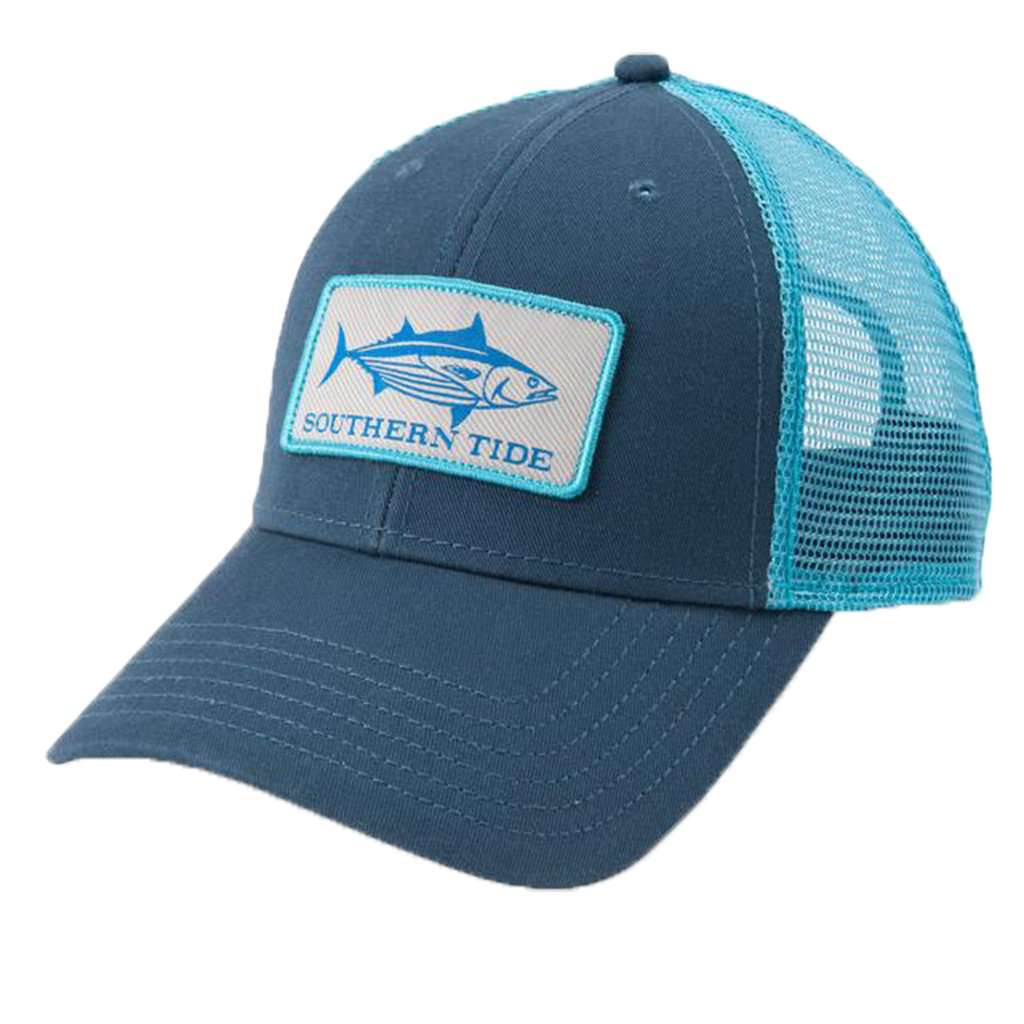 Fish Series Yellowfin Tuna Patch Trucker Hat in Light Indigo by Southern Tide - Country Club Prep