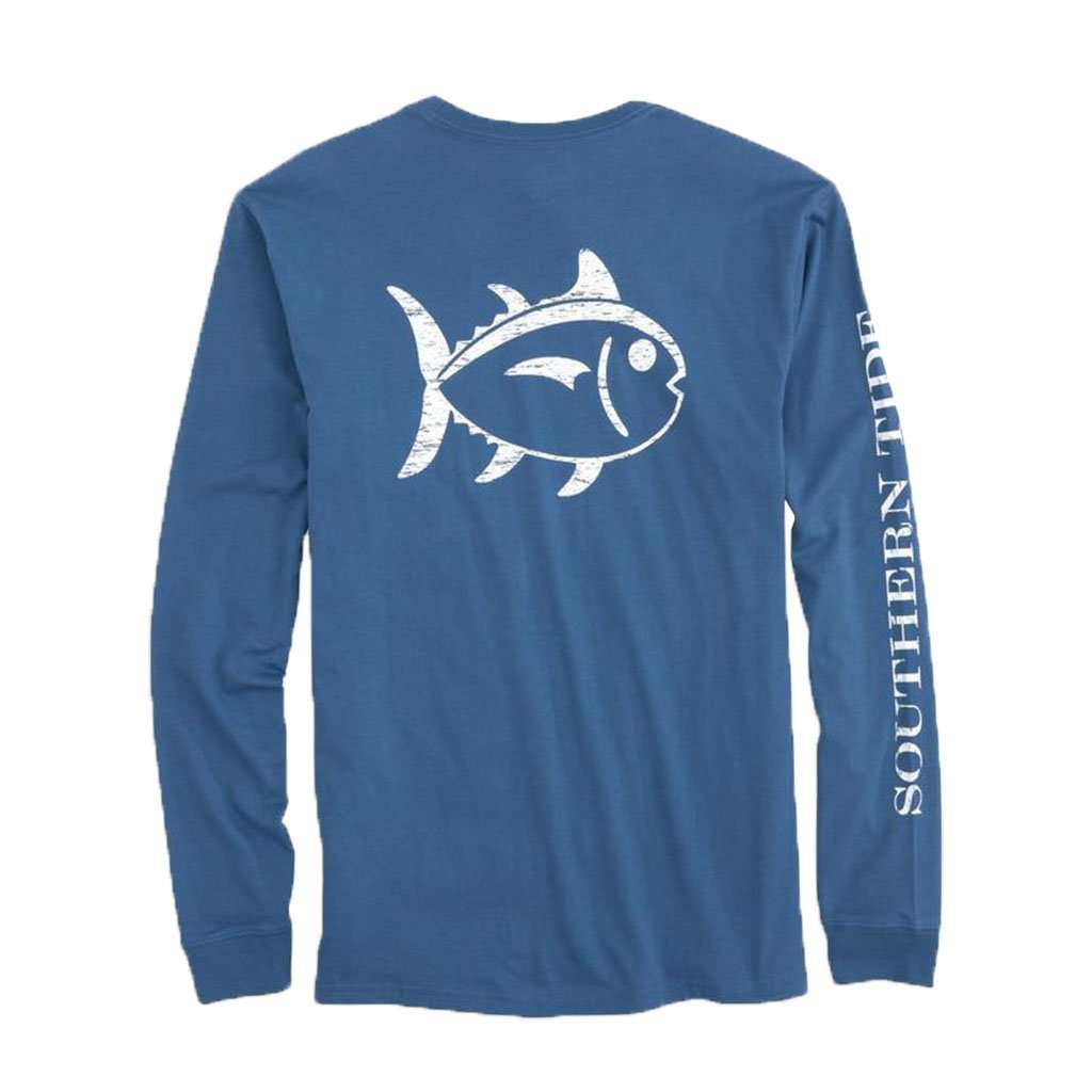 Long Sleeve Distressed Outline Skipjack T-Shirt in Seven Seas Blue by Southern Tide - Country Club Prep