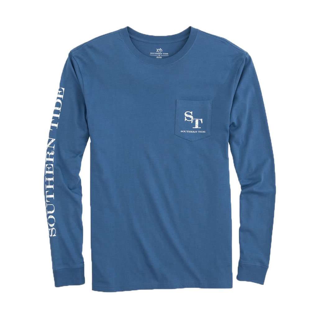 Long Sleeve Distressed Outline Skipjack T-Shirt in Seven Seas Blue by Southern Tide - Country Club Prep