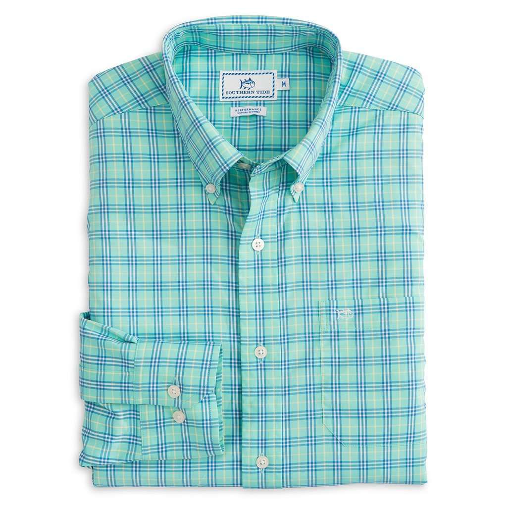 Ocean Highway Plaid Intercoastal Performance Shirt in Mint by Southern Tide - Country Club Prep