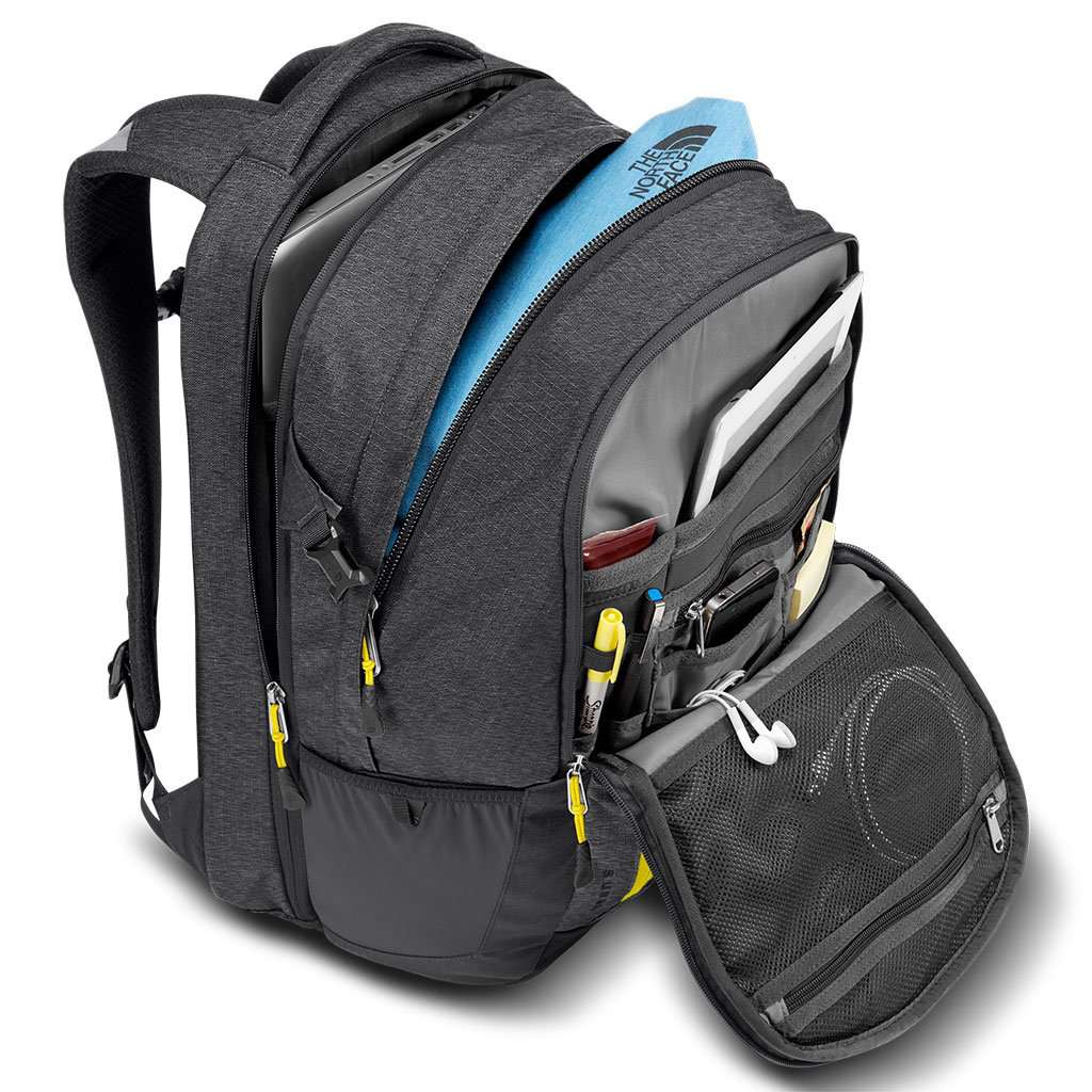 north face backpack 3 pockets The North Face Surge Backpack in Asphalt Grey White Heather & Blazing  Yellow – Country Club Prep
