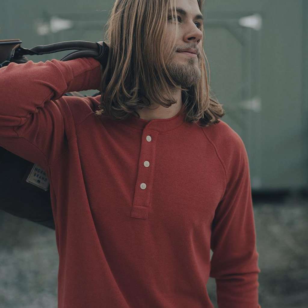 Long Sleeve Puremeso Raglan Henley in Rust by The Normal Brand - Country Club Prep