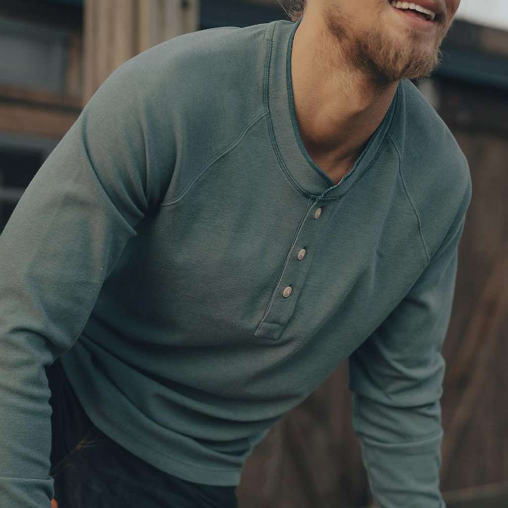 Long Sleeve Puremeso Raglan Henley in Teal by The Normal Brand - Country Club Prep