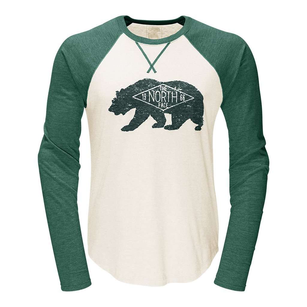 Men's Long Sleeve Bearitage Baseball Tee in White and Silver Pine Green Heather by The North Face - Country Club Prep