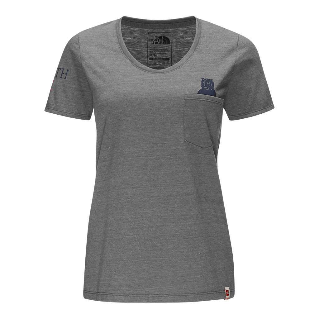 Women's Short Sleeve Americana Pocket Tee in TNF Medium Grey Heather and True Navy by The North Face - Country Club Prep