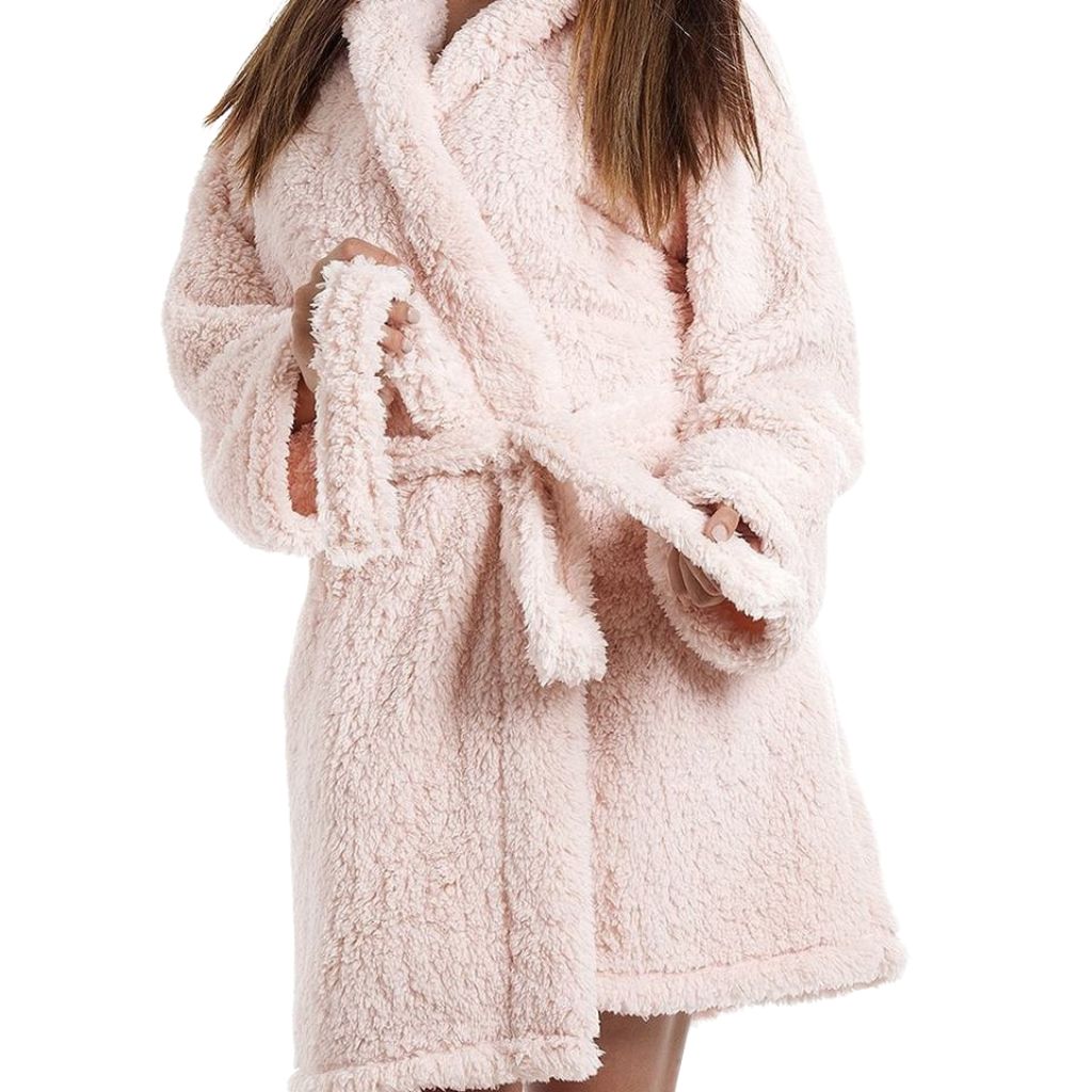 short fluffy dressing gown with hood Puntoco Women's Embossed Textured Hooded Short Bathrobe, Wrap V Neck Self Tie Belt Oversized Fluffy Plush Mini Loungewear Sleep Robe with Side Pockets White XL