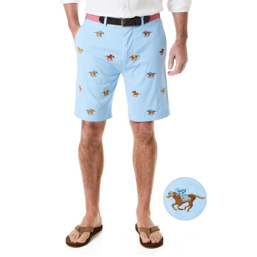 Stretch Twill Cisco Short with Embroidered Racing Horses by Castaway Clothing - Country Club Prep