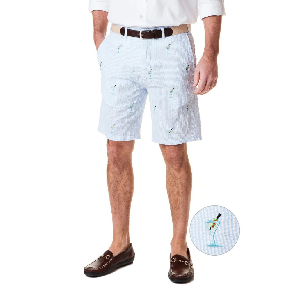 Embroidered Cisco Shorts Blue Seersucker with Martini Glasses by Castaway Clothing - Country Club Prep