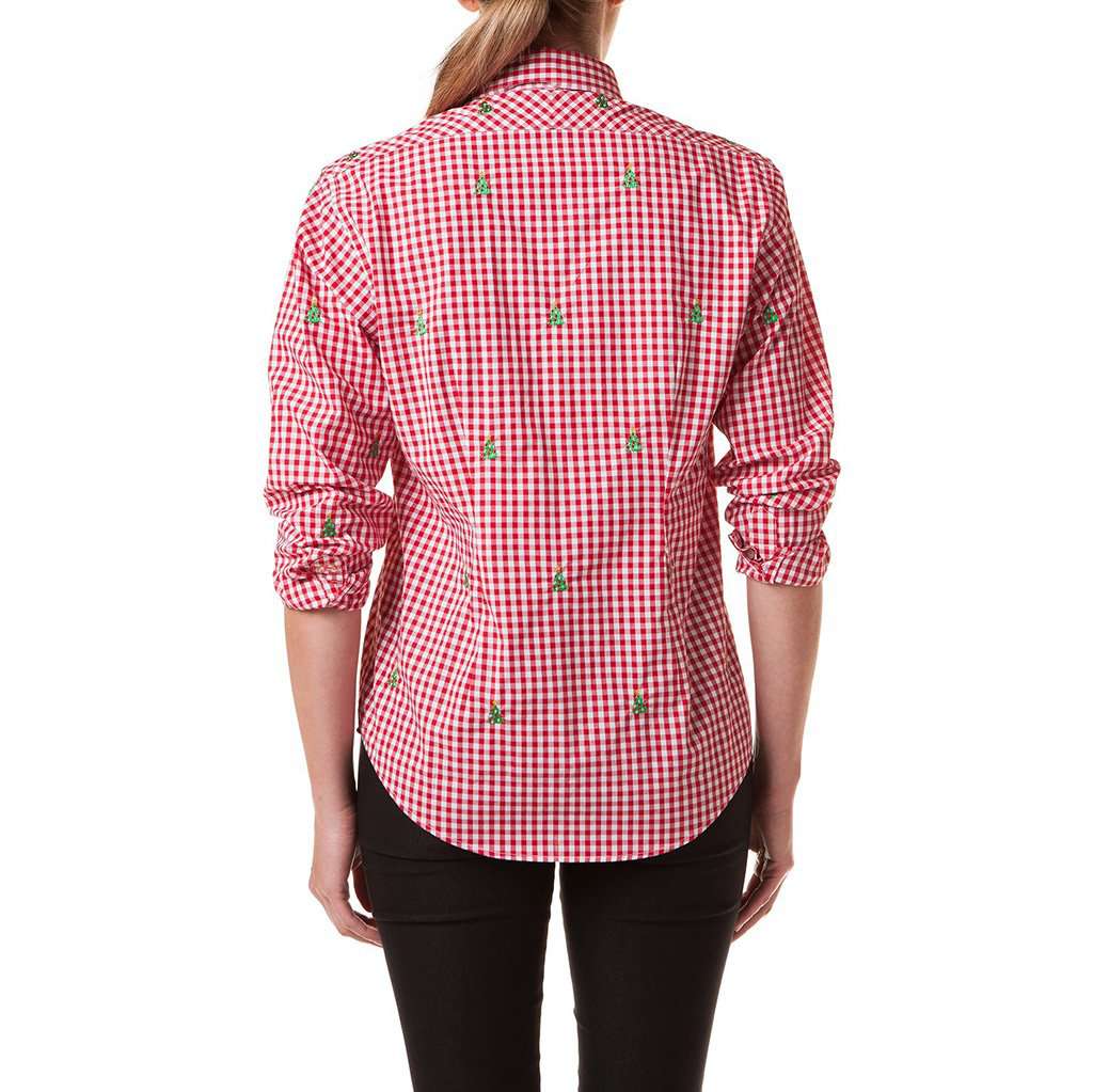 Ladies Gingham Button Down Shirt with Embroidered Christmas Trees by Castaway Clothing - Country Club Prep