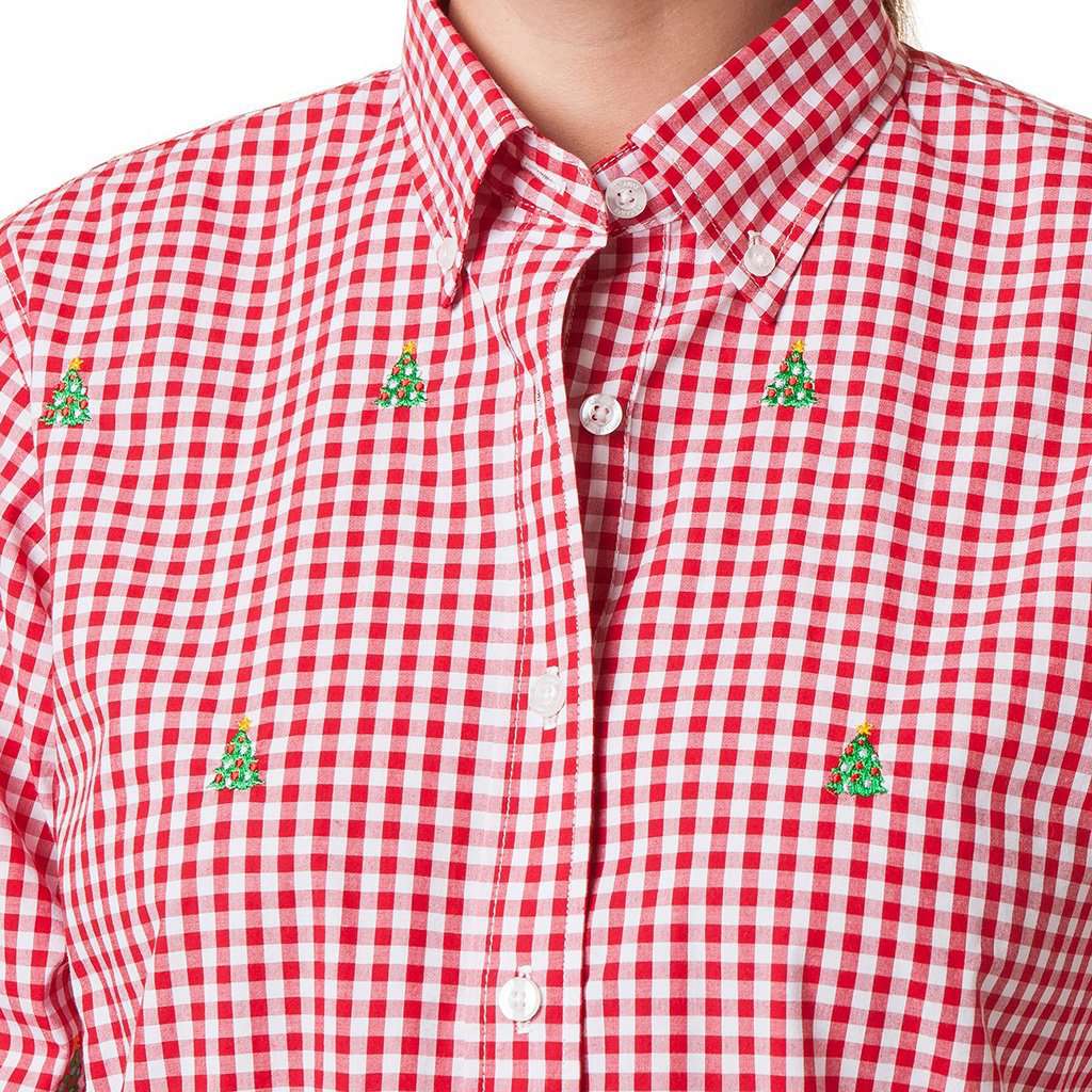 Ladies Gingham Button Down Shirt with Embroidered Christmas Trees by Castaway Clothing - Country Club Prep