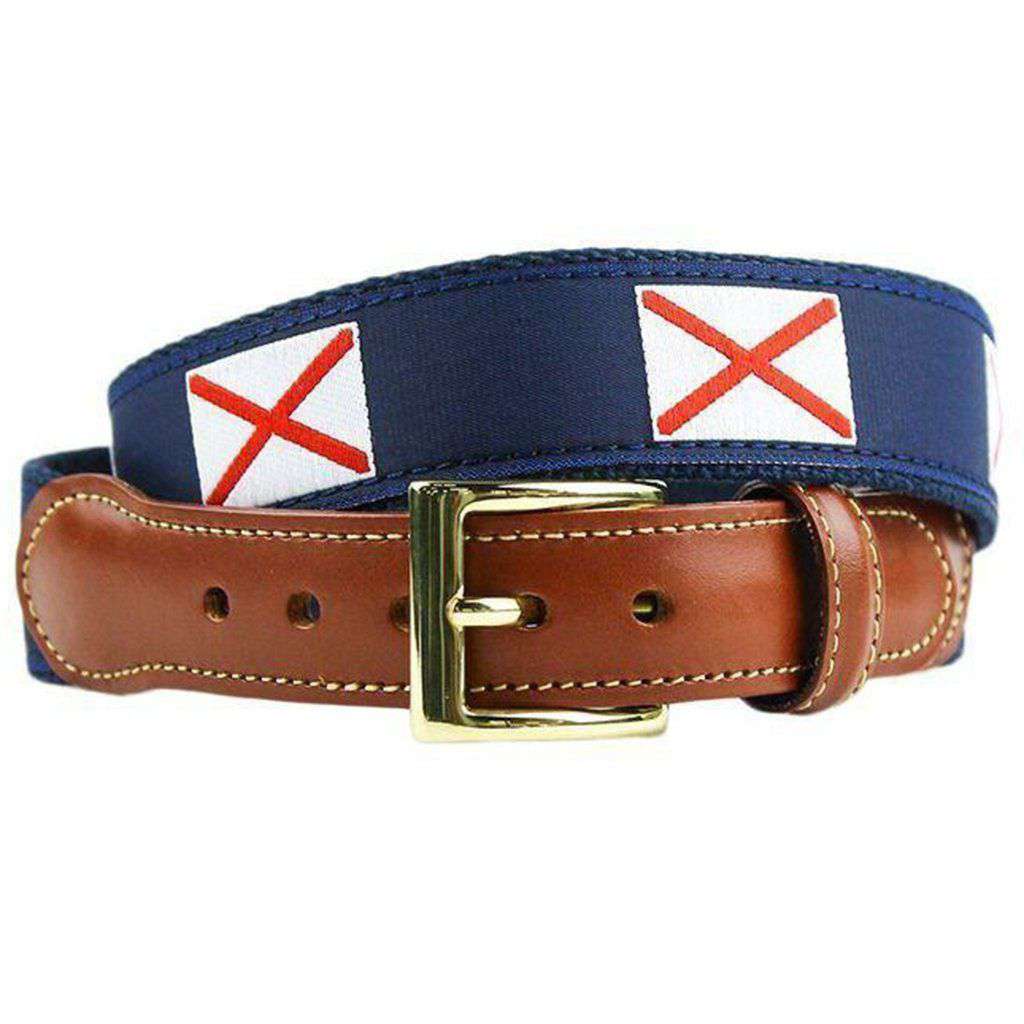 Alabama Flag Leather Tab Belt in Navy on Navy Canvas by Country Club Prep - Country Club Prep