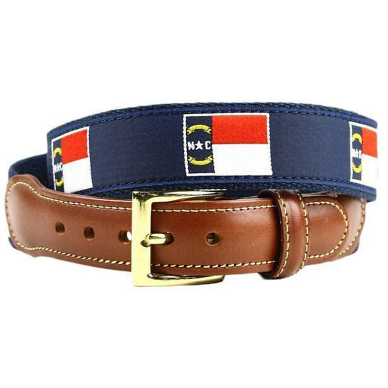 North Carolina Flag Leather Tab Belt in Navy on Navy Canvas by Country Club Prep - Country Club Prep