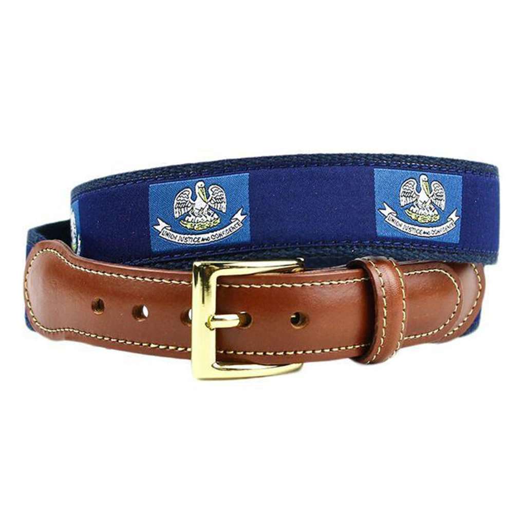 Louisiana Flag Leather Tab Belt in Navy on Navy Canvas by Country Club Prep - Country Club Prep