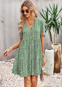 Floral Buttoned Puff Sleeve Dress - Country Club Prep