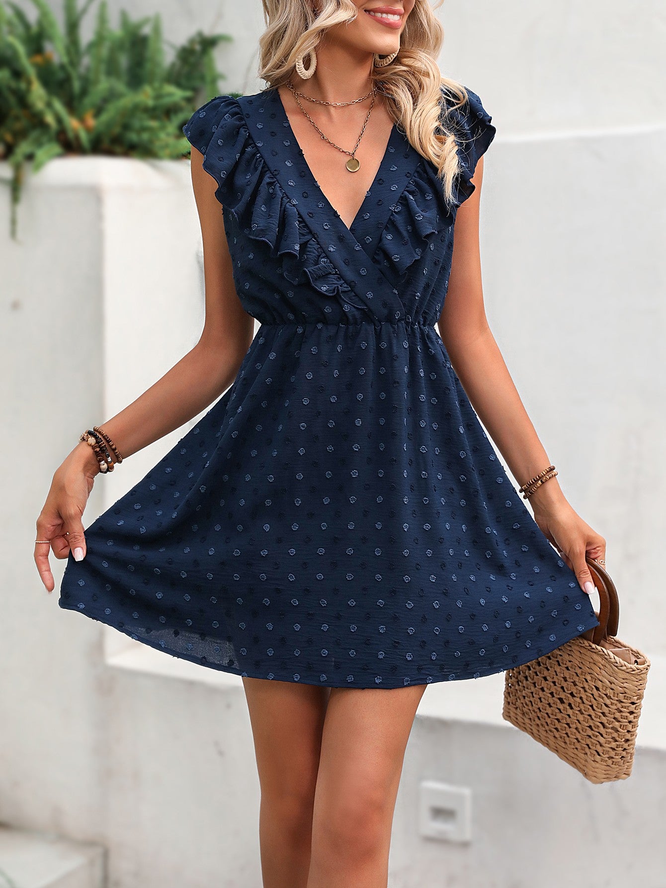 Swiss Dot Ruffled Plunge Dress Dark Navy / S