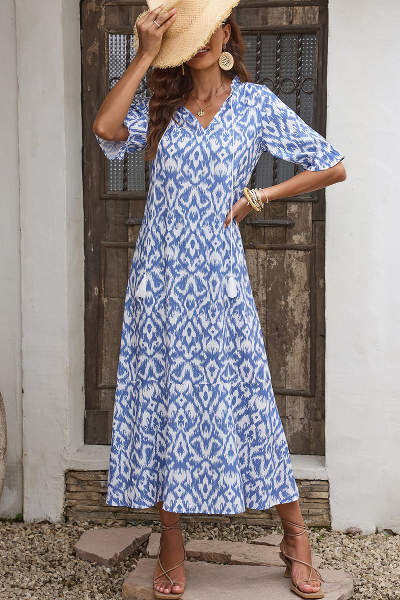 Printed Tassel Tie Flounce Sleeve Dress - Country Club Prep