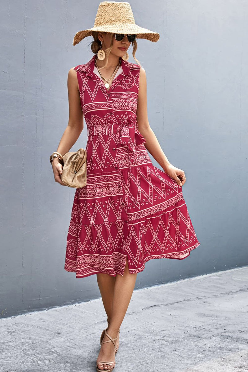 Printed Button Front Tie-Waist Sleeveless Collared Dress - Country Club Prep