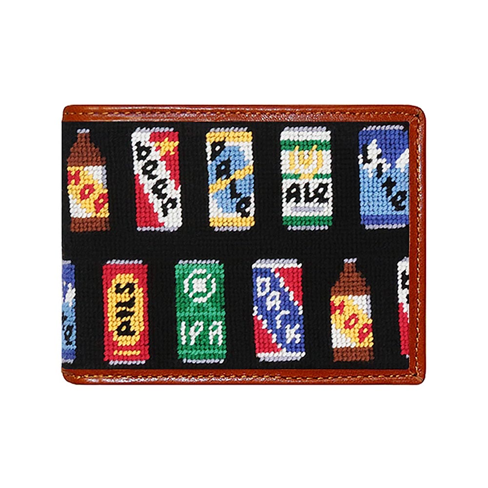 Beer Cans Needlepoint Bi-Fold Wallet in Black by Smathers & Branson - Country Club Prep