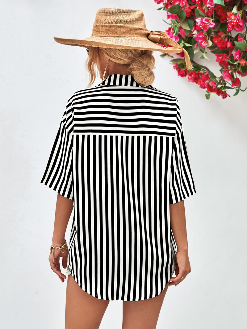 Striped Dropped Shoulder Half Sleeve Shirt - Country Club Prep