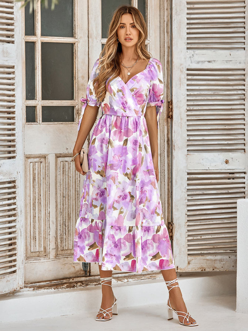 Floral Tie Cuff Surplice Neck Dress - Country Club Prep