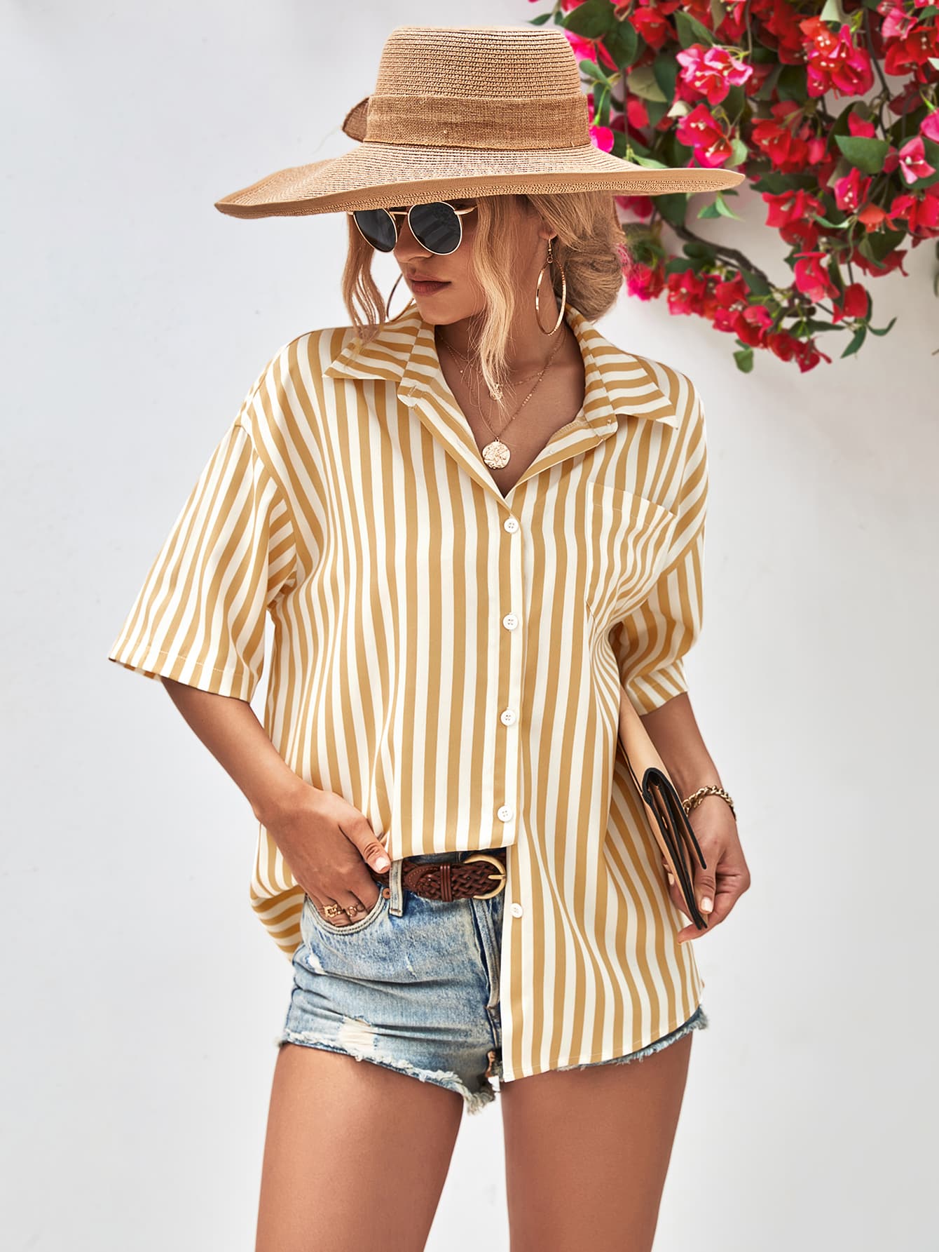 Striped Dropped Shoulder Half Sleeve Shirt - Country Club Prep