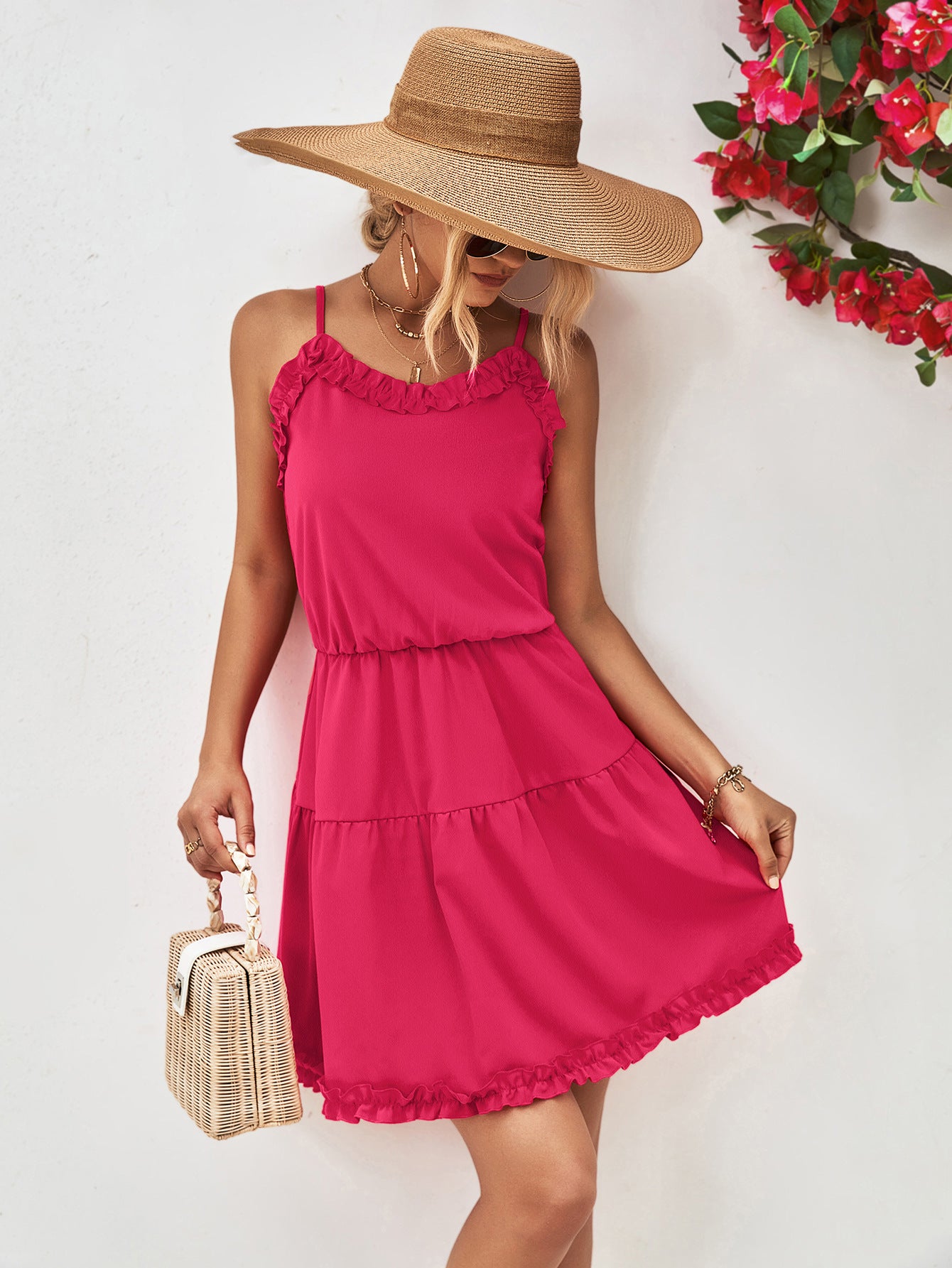 Frill Trim Spaghetti Strap Mini Dress Hot Pink / S