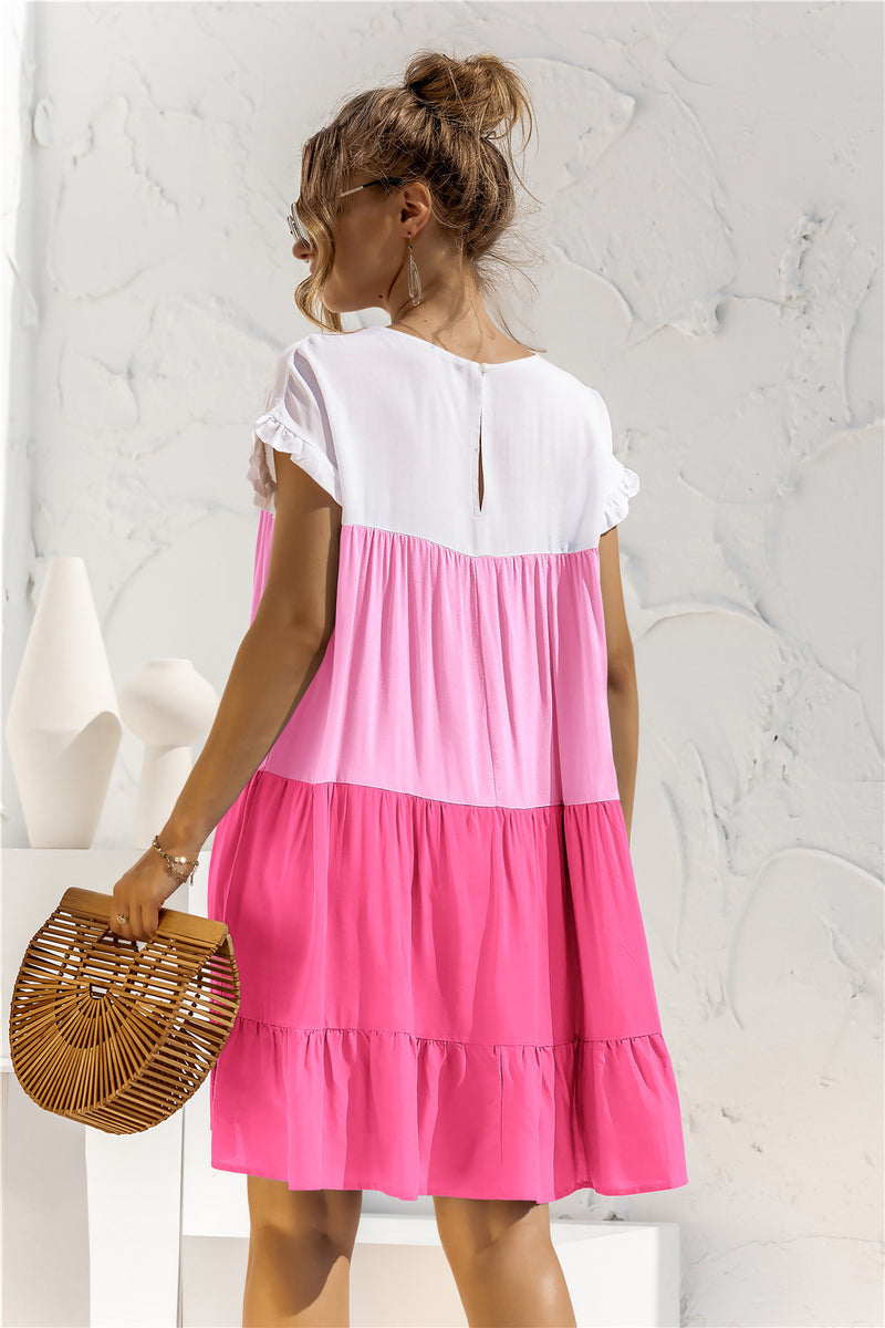 Color Block Round Neck Ruffle Hem Dress - Country Club Prep