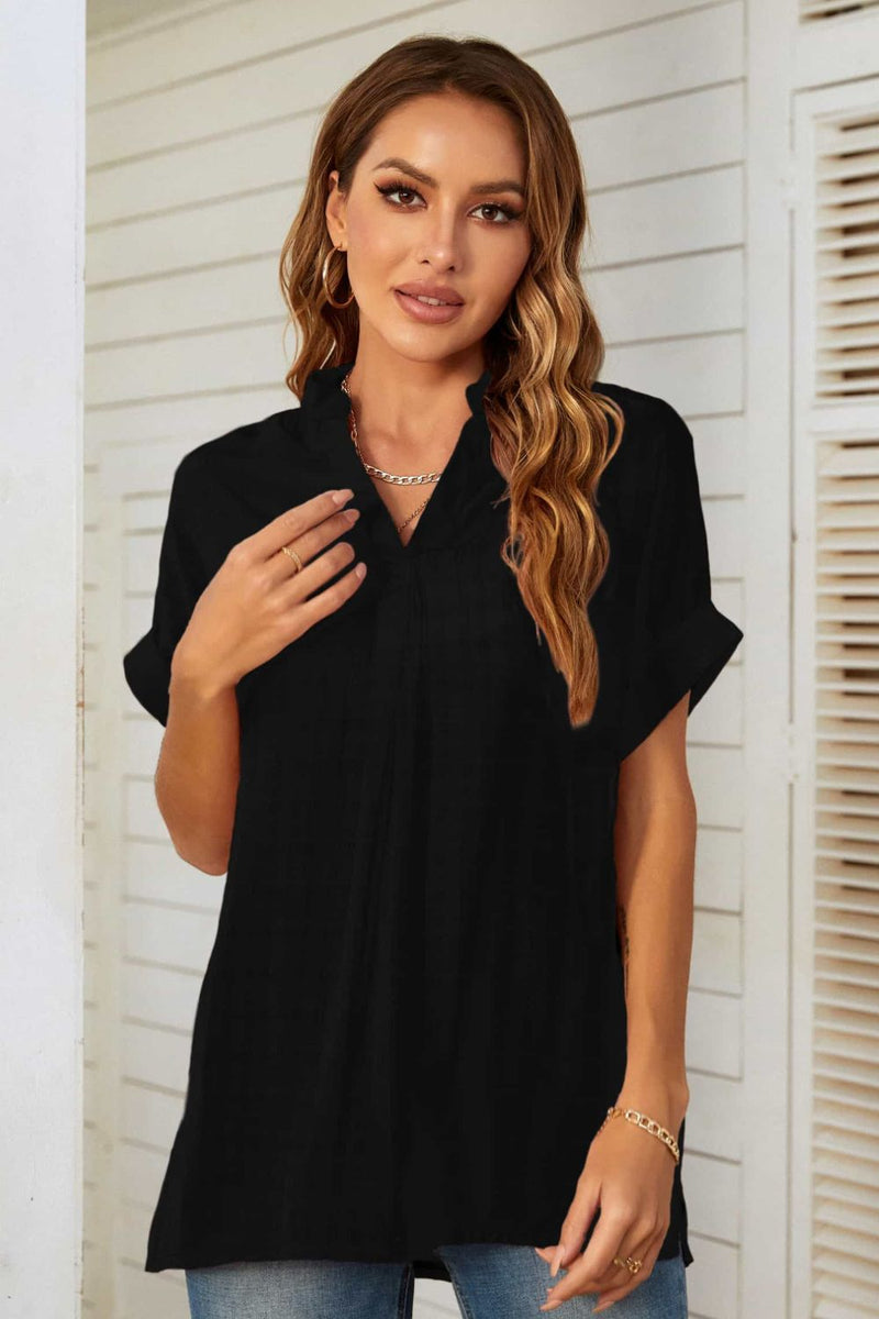 Notched Neck Slit Cuffed Blouse - Country Club Prep